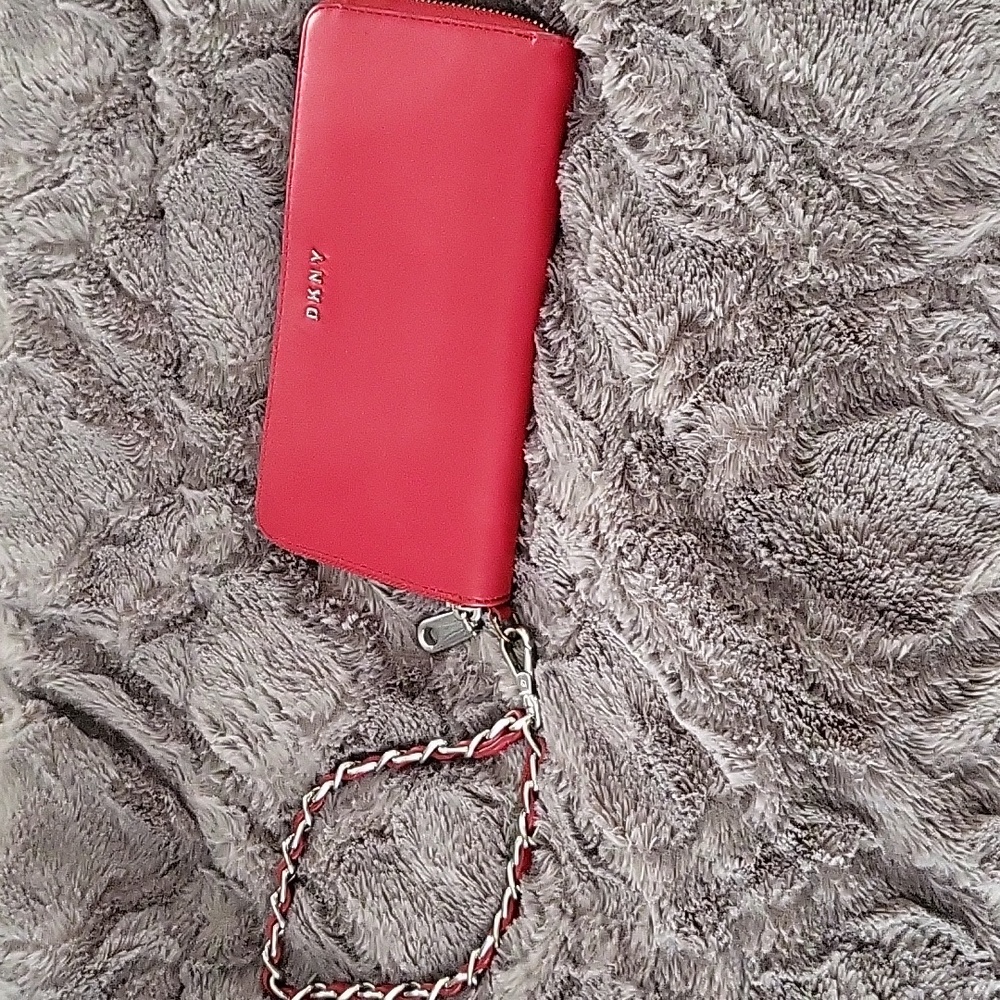 DKNY red leather wristlet wallet